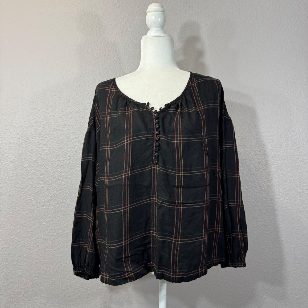 Madewell Women's Size Large Wool Blend Peasant Top Henley Black Plaid